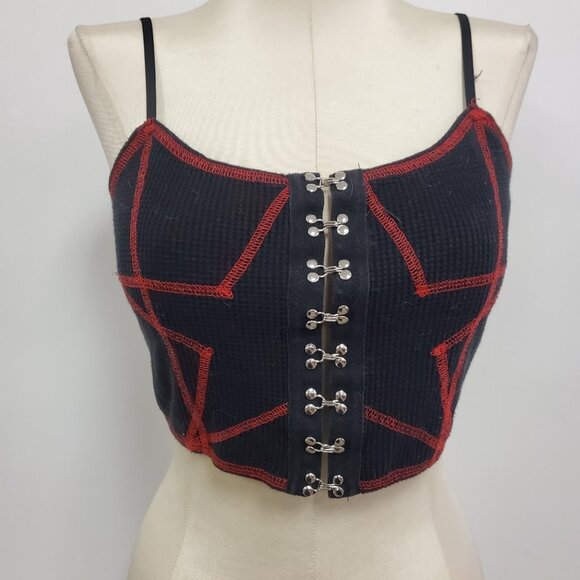 Tunnel Vision Womens Y2K Gothic Grunge Corset Top Size S Black Star Waffle Knit - Picture 1 of 10